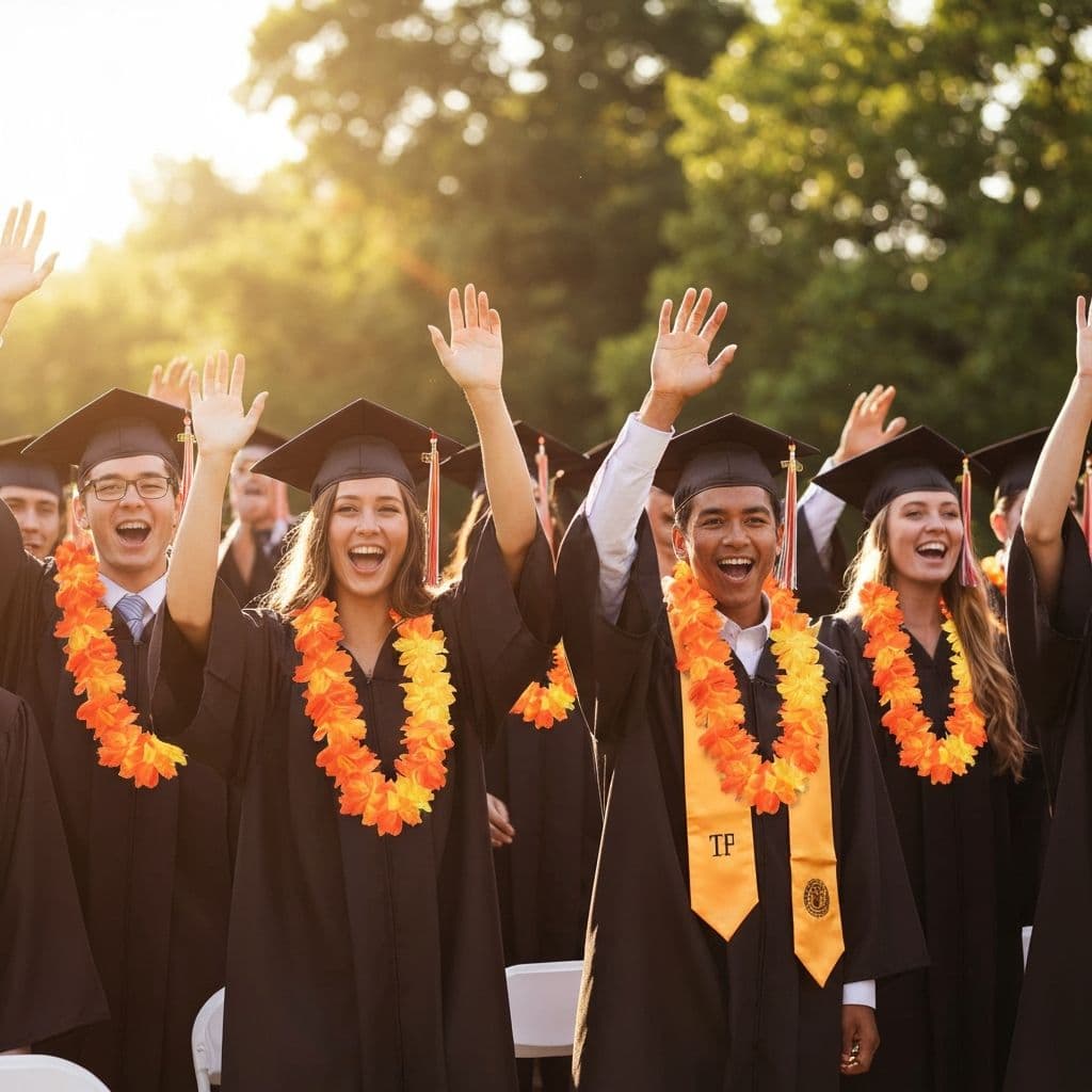 Graduates celebrating with Hawaiian leis